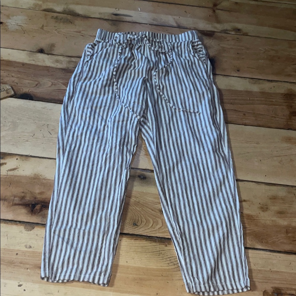 Brown and Cream pull-on casual striped pants w/ pockets, small, false drawstring